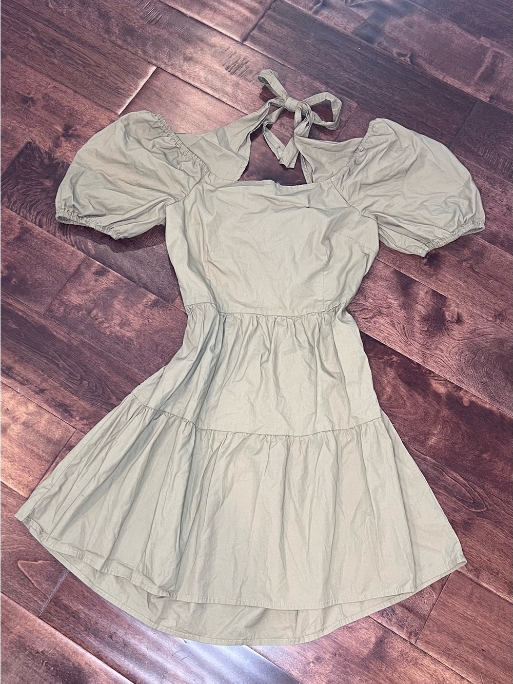 Forever 21 Sage Green Puff Sleeve Tie-Neck Mini Dress